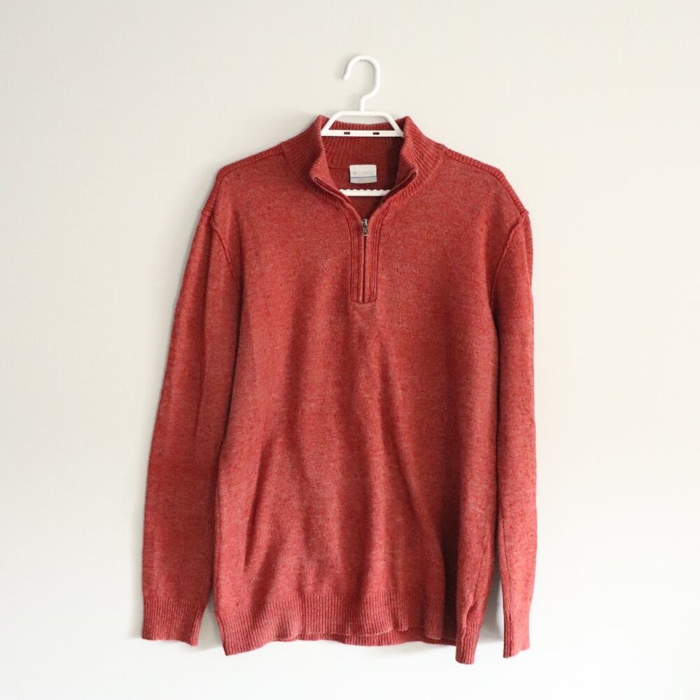 Columbia Men's Sz Lrg Red 1/4 Zip Wool Blend Pullover Ribbed Stretch Sweater